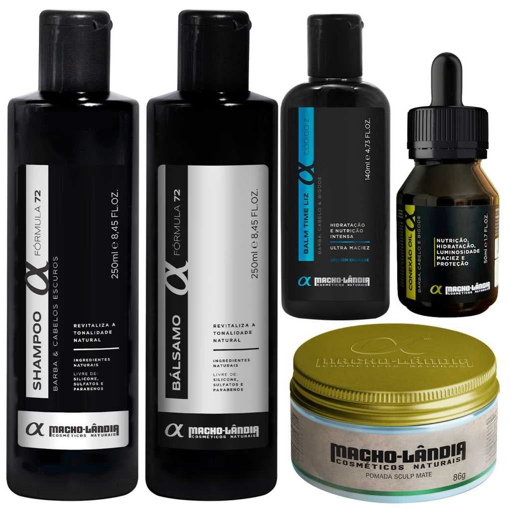 Kit Completo Macho-Lândia Cabelo e Barba Escuros Shampoo Balm Óleo Balsamo Pomada Sculp Mate Fixação Hidratação