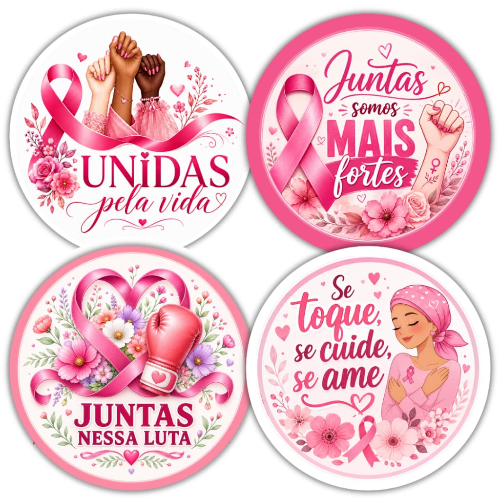 Kit 130 Adesivos Outubro Rosa Prevenção do Câncer de Mama 4x4