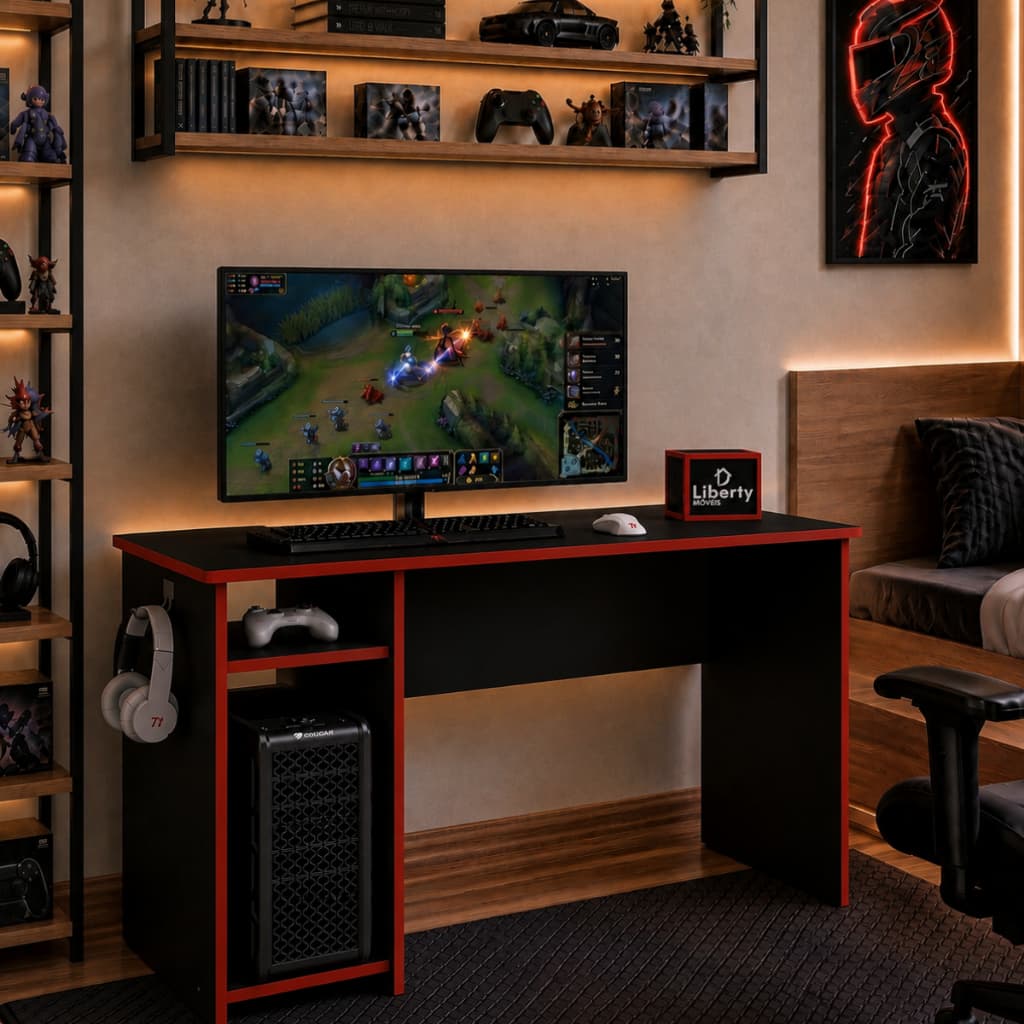 Mesa Gamer Vermelha 114cm para Computador PC Gaming Desk com Suporte para Fone Escrivaninha Home Office Liberty Móveis