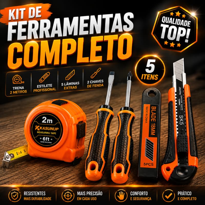 Kit de Ferramentas 5 Itens com Trena 2m Estilete Lâminas Reserva Chave de Fenda e Phillips |FG0207| Pronta Entrega
