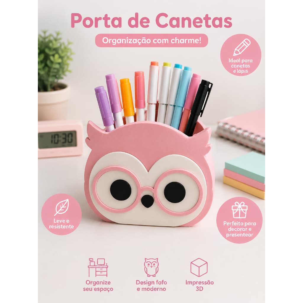 Porta-Canetas Corujinha em Impressão 3D | Organizador de Mesa | Presente para Professores