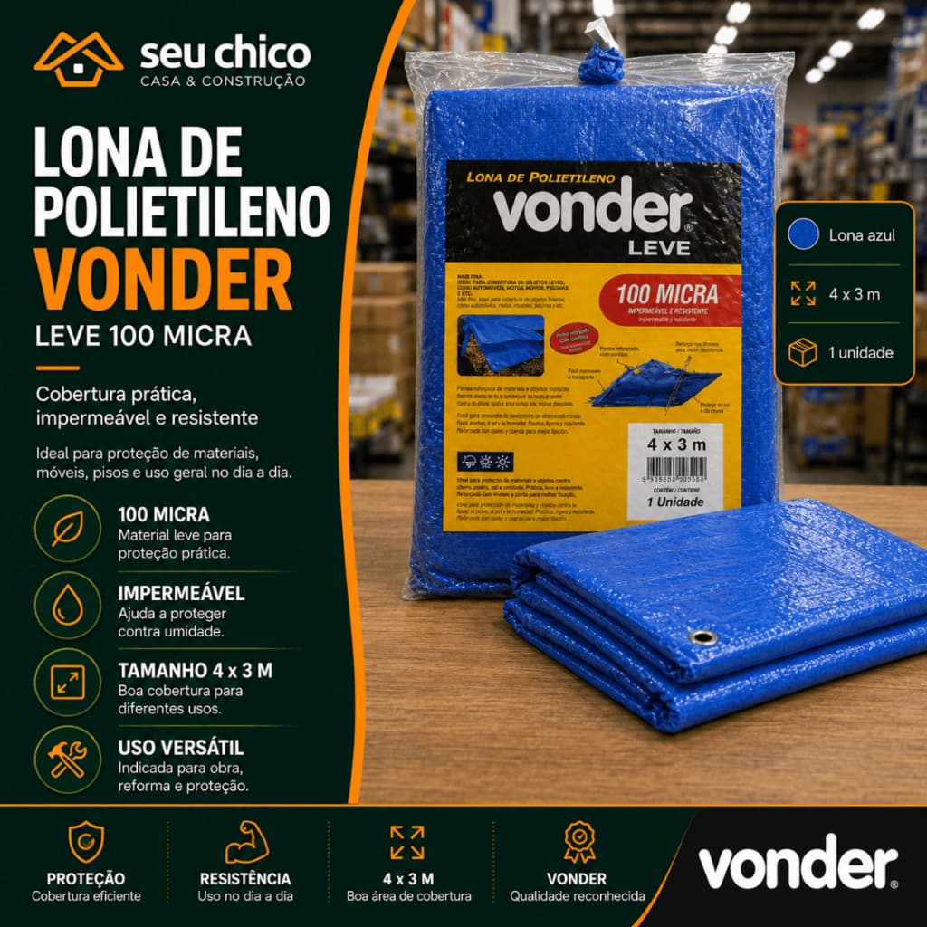 Lona de Polietileno 4x3 METROS 100 Micra Vonder Super Resistente Impermeável Azul