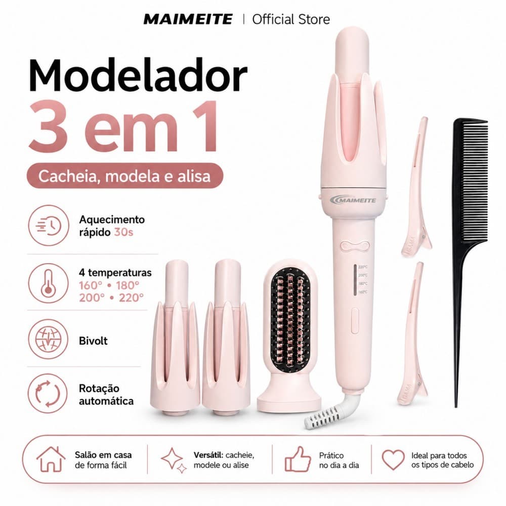 MAIMEITE Modelador 3 em 1 Automático Rotativo 25mm 32mm + Pente Alisador Bivolt 4 Temperaturas Cerâmica