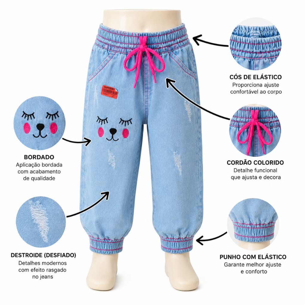 Calça Jeans Jogger Menina Bordada Bebê e Infantil BB,1,2,4,6 Com Elástico Perna e Cintura com Cordão