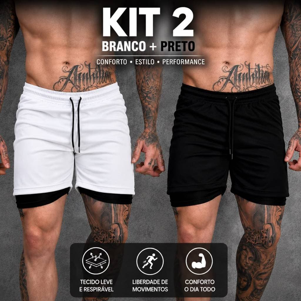 Kit 2 Shorts 2 em 1 Masculino Dragon Fit Com Bolso Para Celular Na Perna