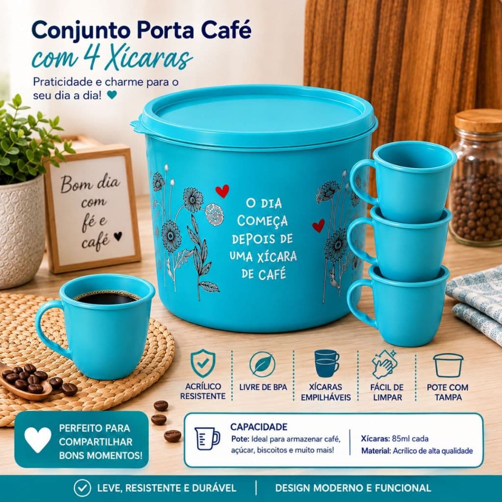 Kit Cantinho Do Café Pote  Mantimentos 2 Litros Mais 4 Xicaras Multiuso