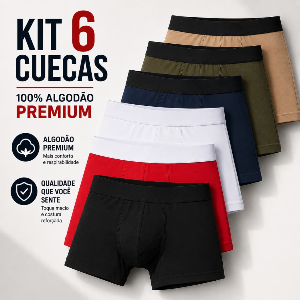 Kit 6 Cueca Algodão Premium Boxer, Se ajusta tem elastano, não pinica