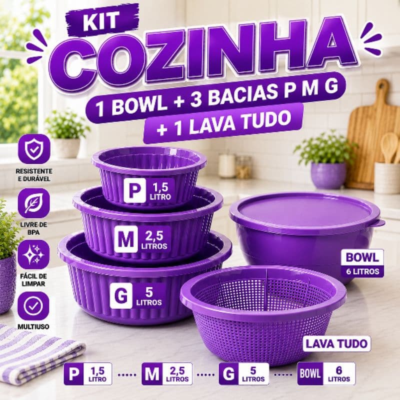 Kit Cozinha 5 Peças Bowl 6L + 3 Bacias P M G + Lava Tudo | Completo Multiuso para Cozinha