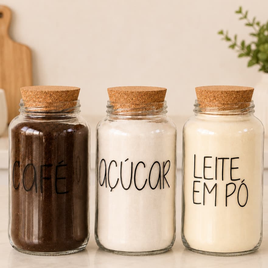 Kit Cantinho do Café + Açúcar + Leite em pó | 3 potes de Vidro 830 ml + tampa rolha cortiça| Pote Mantimento