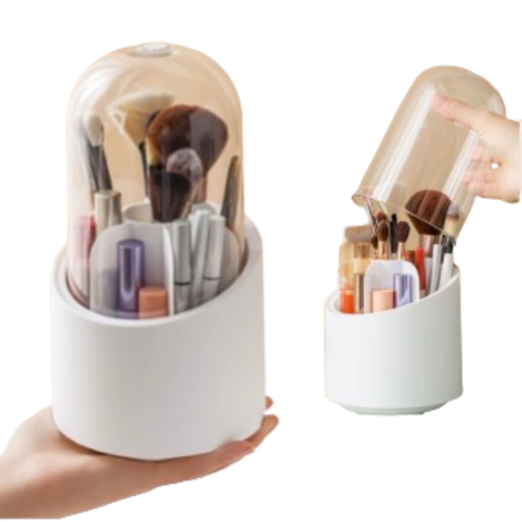 Organizador Porta Pincel Maquiagem Giratório 360º com Tampa Acrílica – Cosmético de Mesa  Penteadeira