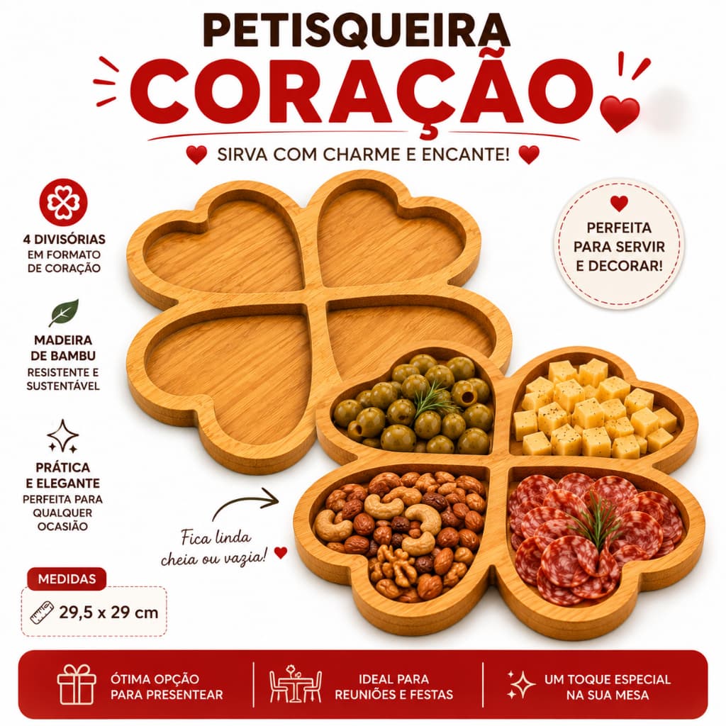 Petisqueira de Coração 4 Divisórias Madeira Laminada Bandeja –Tábua para Frios, Queijos e Aperitivos