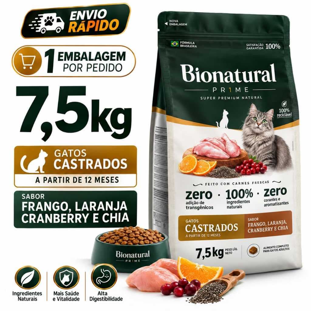 Ração Bionatural Gato Castrado 7,5kg  Super Premium Sabor Frango