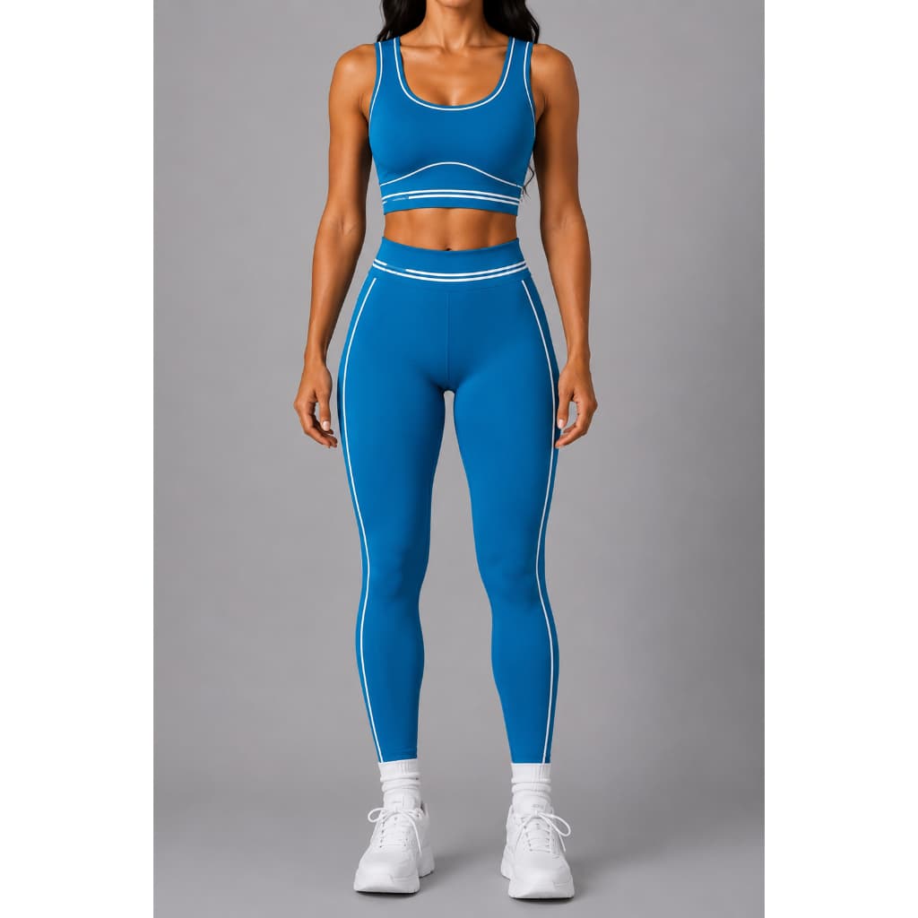 Conjunto Fitness Feminino Calça Legging e Cropped Decotado com Listras Laterais