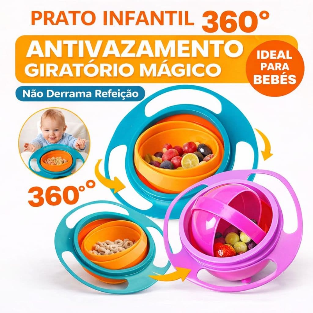 Prato Mágico Infantil 360° Antivazamento Não Derrama Comida Bebê