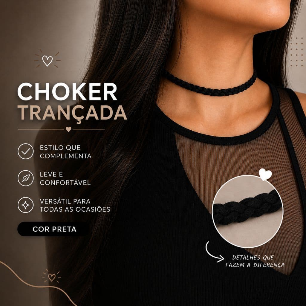 Choker de Camurça Trançada Feminina |Colar Gargantilha Estilosa com Extensor