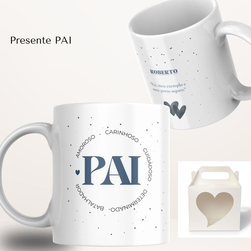 Caneca Personalizada Pai com nome 325ml + caixa visor coração - Presente Especial Xícara Porcelana