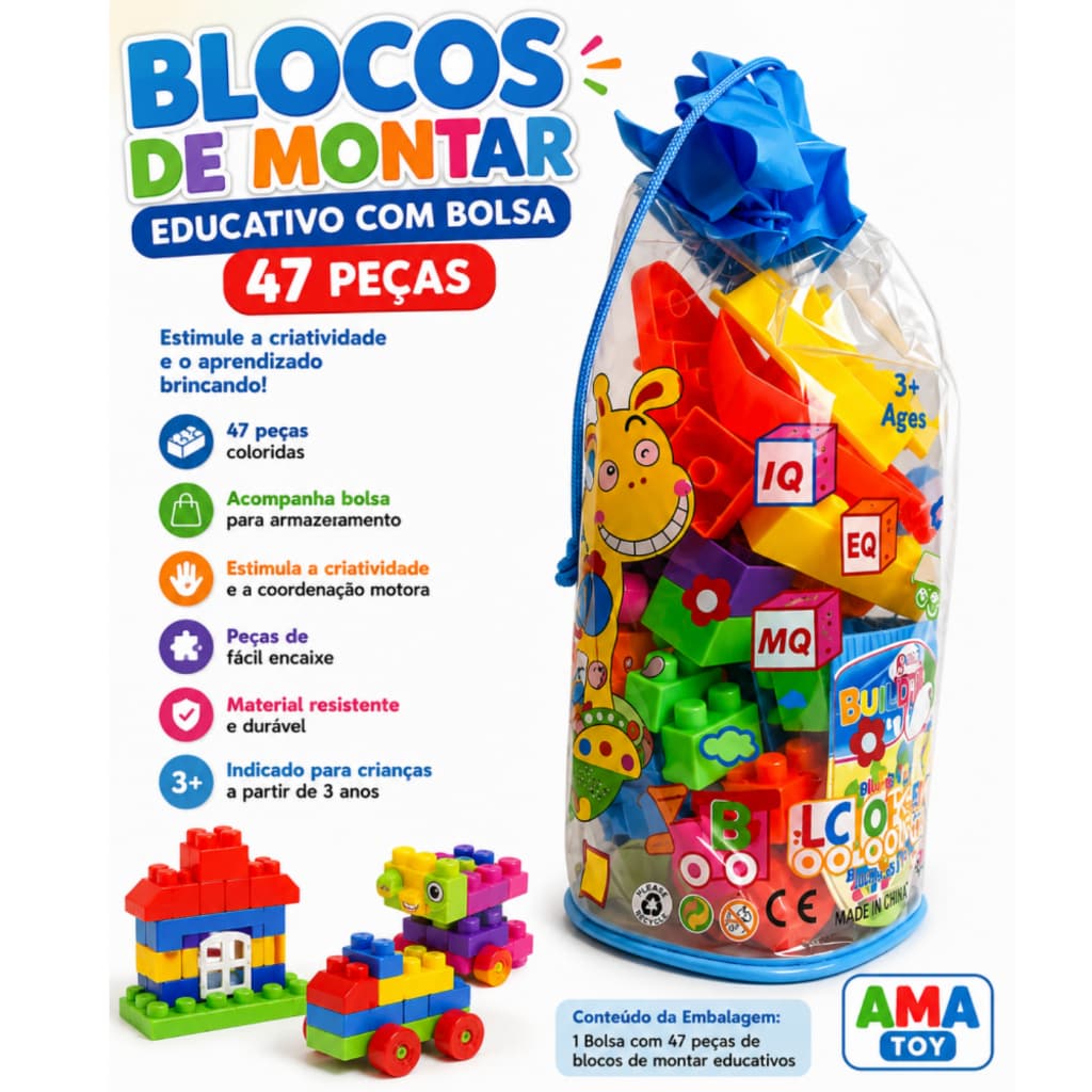 Blocos de Montar Educativos Kids - Peças Coloridas com Bolsa Prática