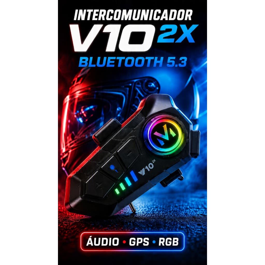 Intercomunicador Bluetooth para Capacete Moto V10 2X Bluetooth 5.3 IP56 RGB Até 300m com Microfone