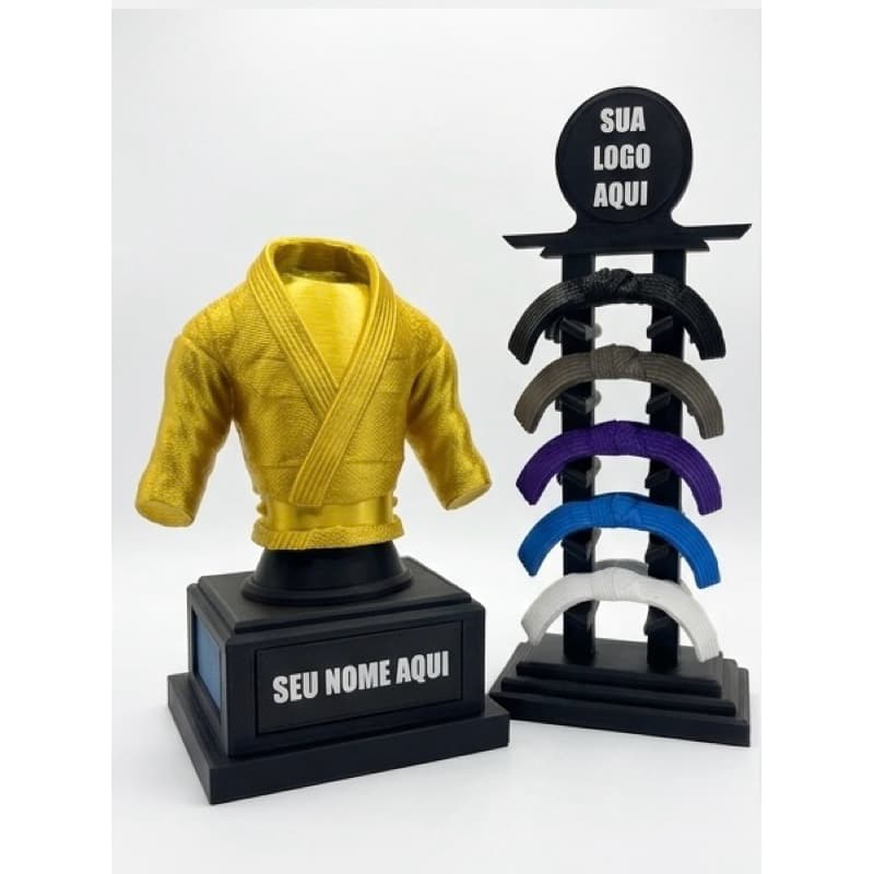 Kit Troféu Kimono 20cm + Expositor De Faixa Jiu Jitsu