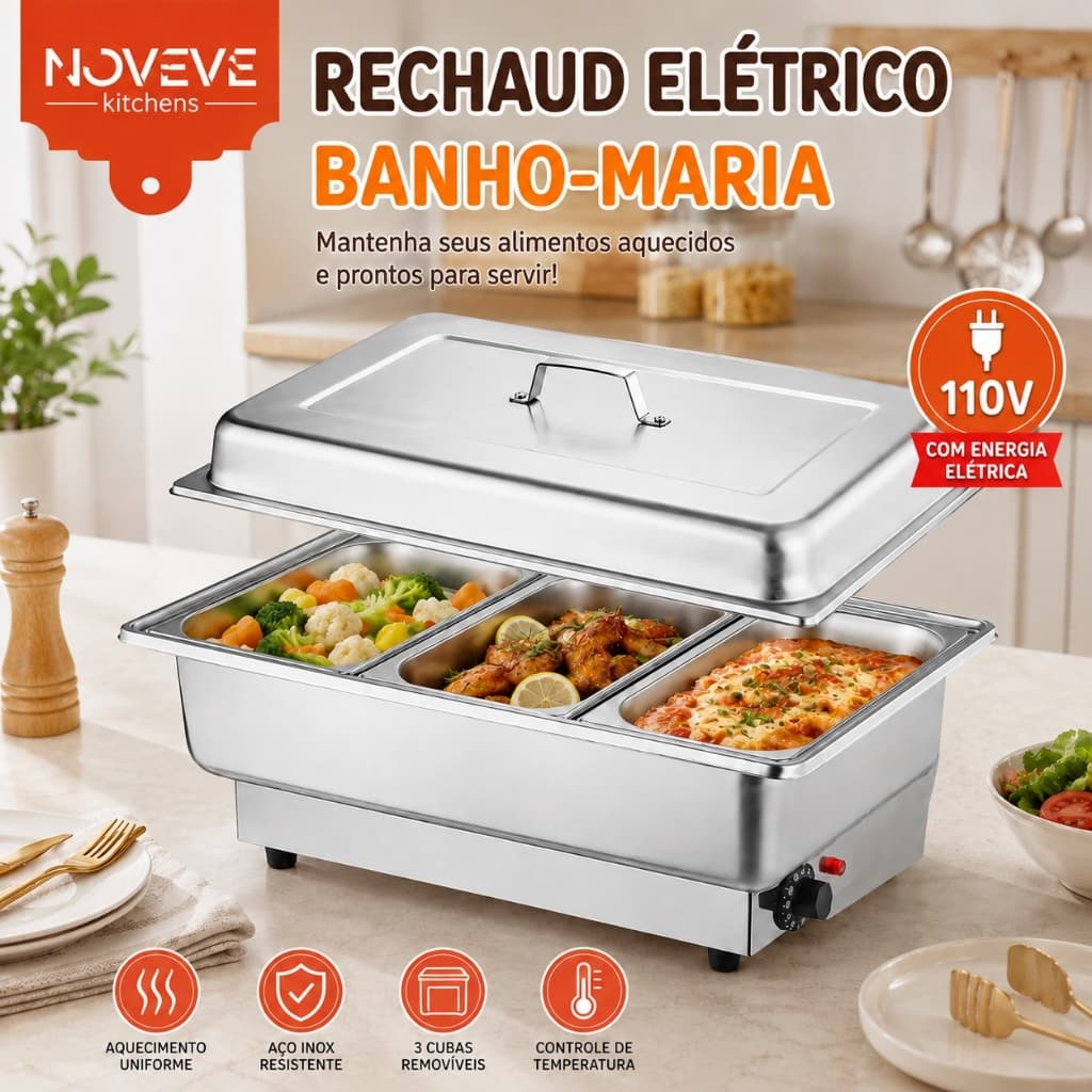 Rechaud Elétrico Profissional Inox 12L 110V com 1 2 ou 3 Cubas para Buffet, Festas e Restaurantes