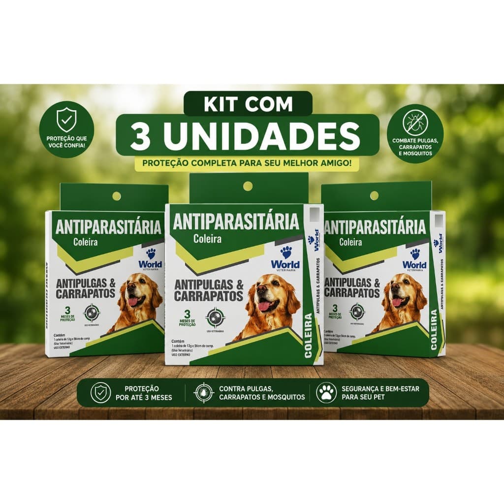 Kit 3 Coleiras Dugs Antipulgas e Carrapatos p/Cães 17g c/ 56cm- World Veterinária