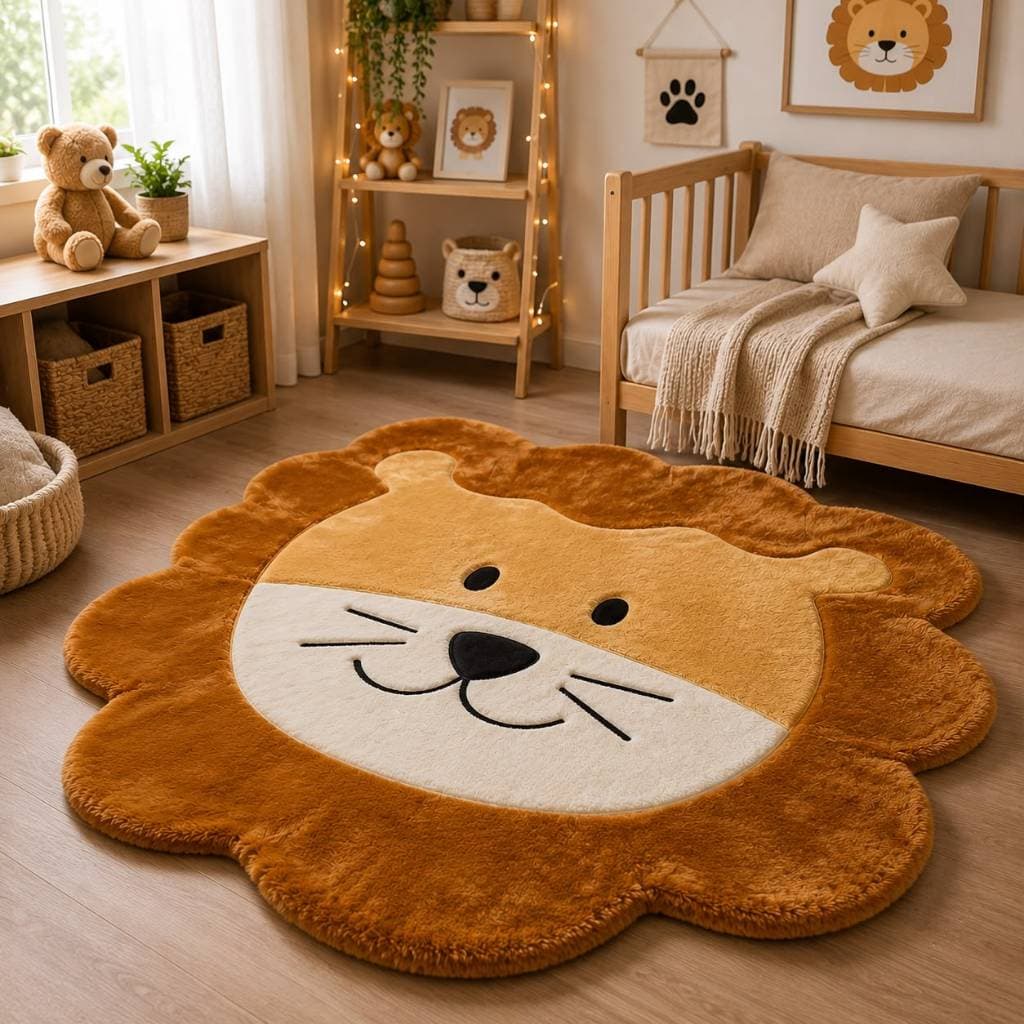 Tapete Leão Pelúcia Infantil Safari Antiderrapante Lavável Quarto De Criança 0,90 x 0,93 cm