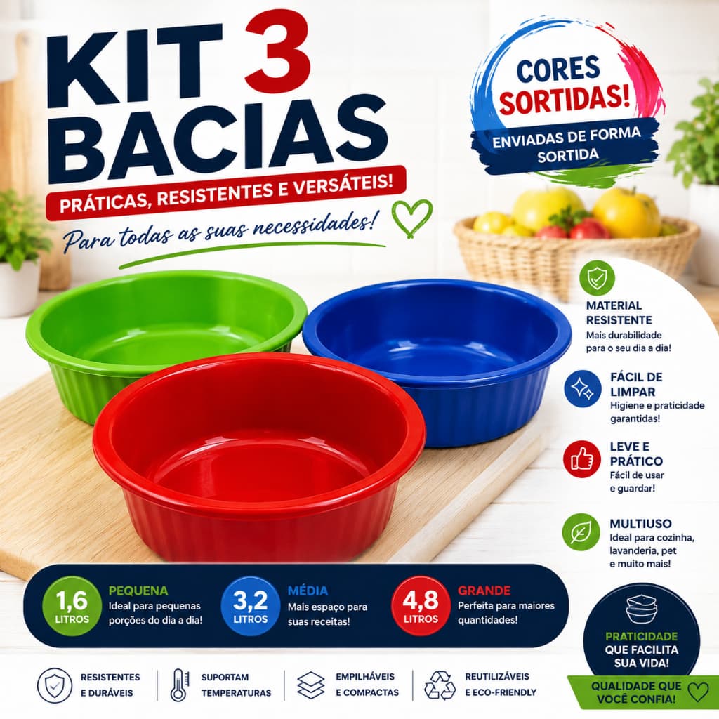 Kit 3 Bacias Plásticas P M G 1L 2L 4L Resistentes Multiuso Cozinha Lavanderia