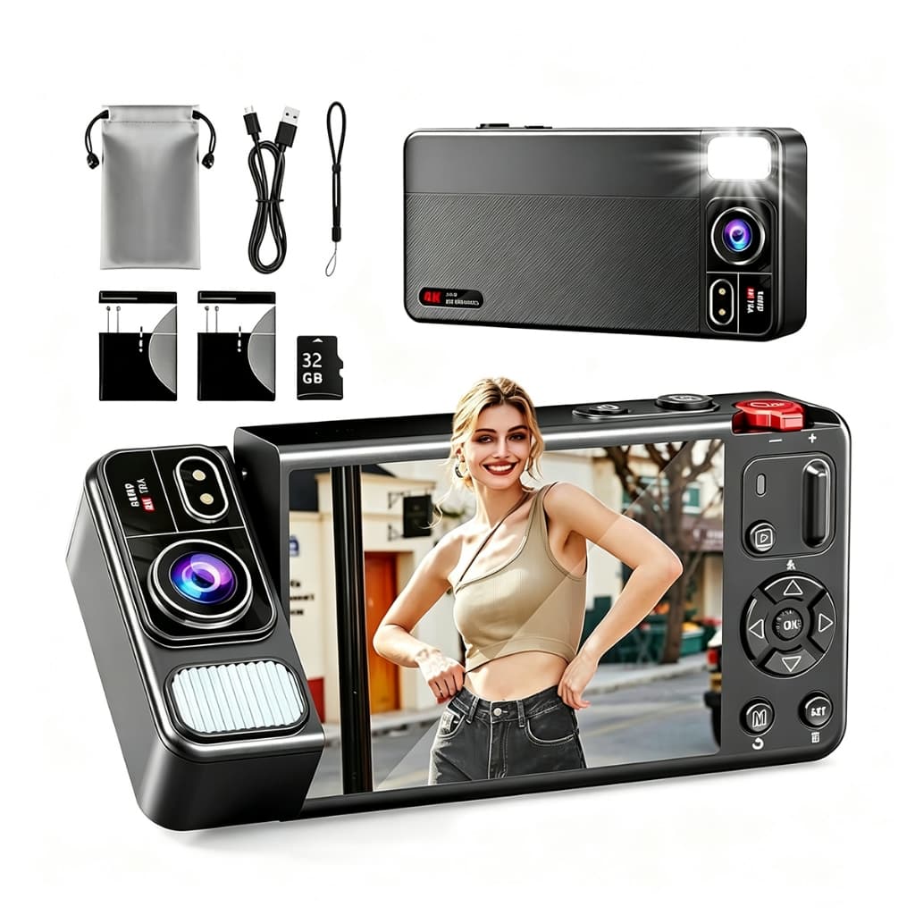 Câmera Vlog 4K Verdadeiro 64MP Lente 270° Selfie Webcam Reuniões 32GB Incluso Presente