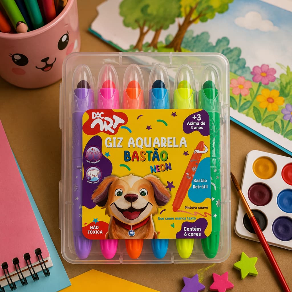Kit estojo 6 giz de cera neon retrátil coloridos para Pintar Escolar Dac