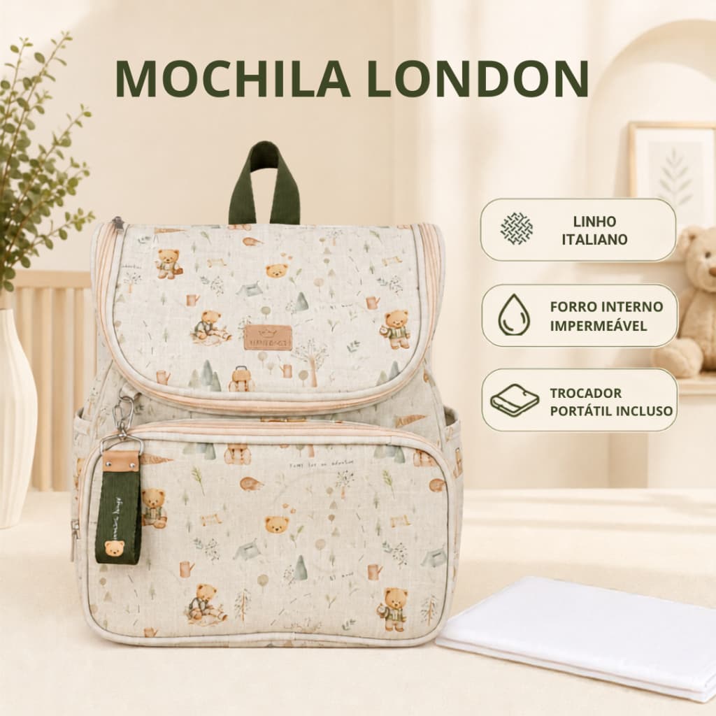 Mochila Maternidade Mini Bags London Adventure Linho Italiano Impermeável com Trocador Portátil