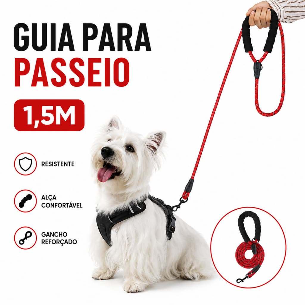 Guia Reforçada para Cães 1,5m Resistente a Puxões com Mosquetão Giratório 360° e Alça Macia