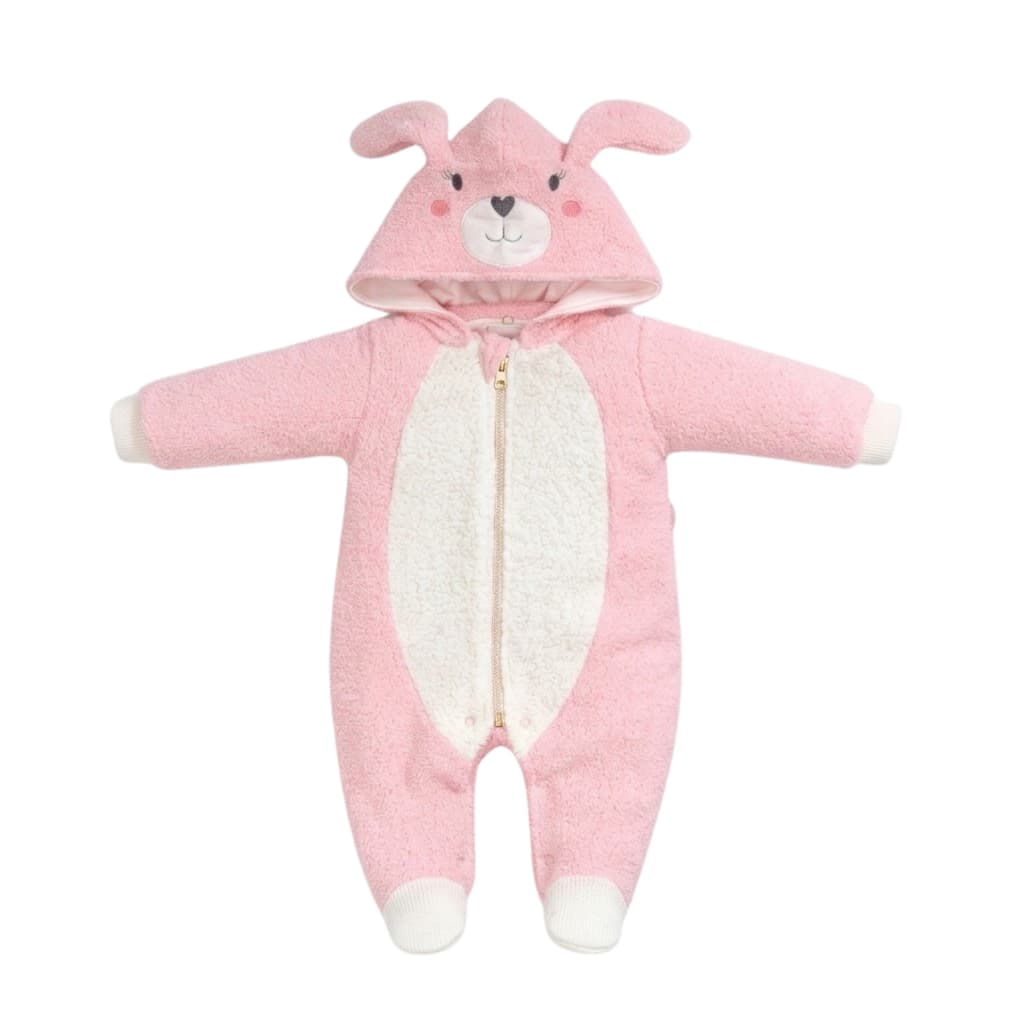 Macacão Bebê Menina Bichinho Quentinho Coelhinho Rosa Soft Pelúcia Com Capuz Zíper Inverno