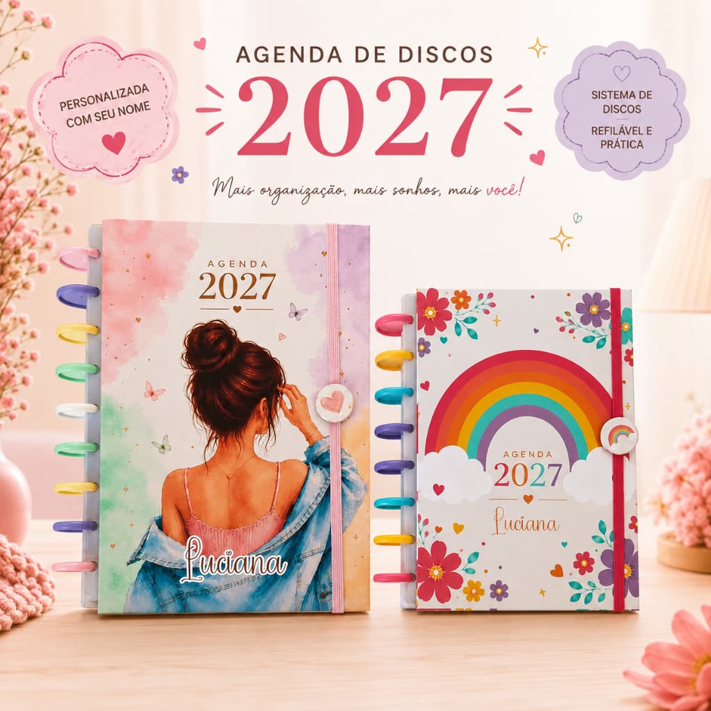 Agenda de Discos Inteligente 2027 personalizada com nome várias capas