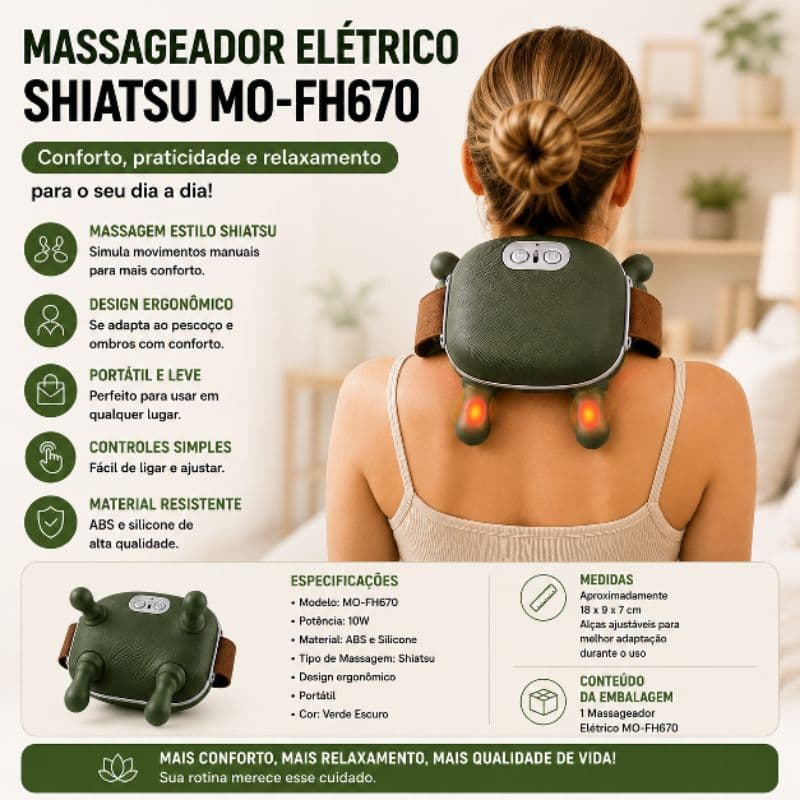 Massageador Elétrico Pescoço e Ombros Shiatsu Portátil Relaxante Cervical MO-FH670
