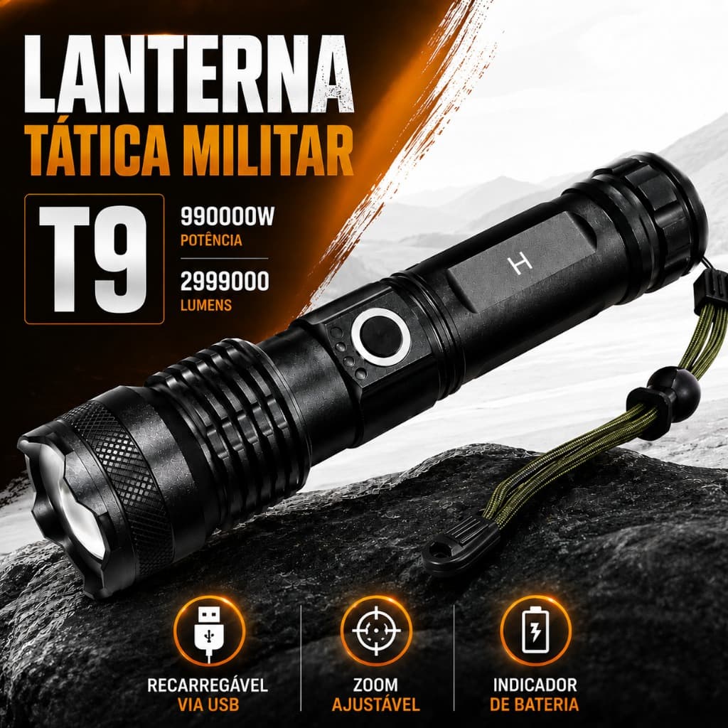Lanterna Tática Militar T9 Super Potente Recarregável USB Zoom Ajustável Longo Alcance Indicador de Bateria