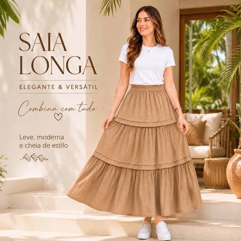 Saia feminina estilosa, longa e fluida, com cintura elástica — ideal para praia, férias, viagens e uso no dia a dia.