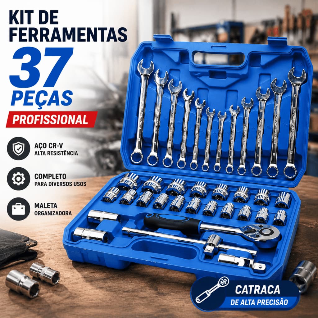 Kit de Ferramentas 37 Peças profissional jogo chave combinada soquetes e catraca grande