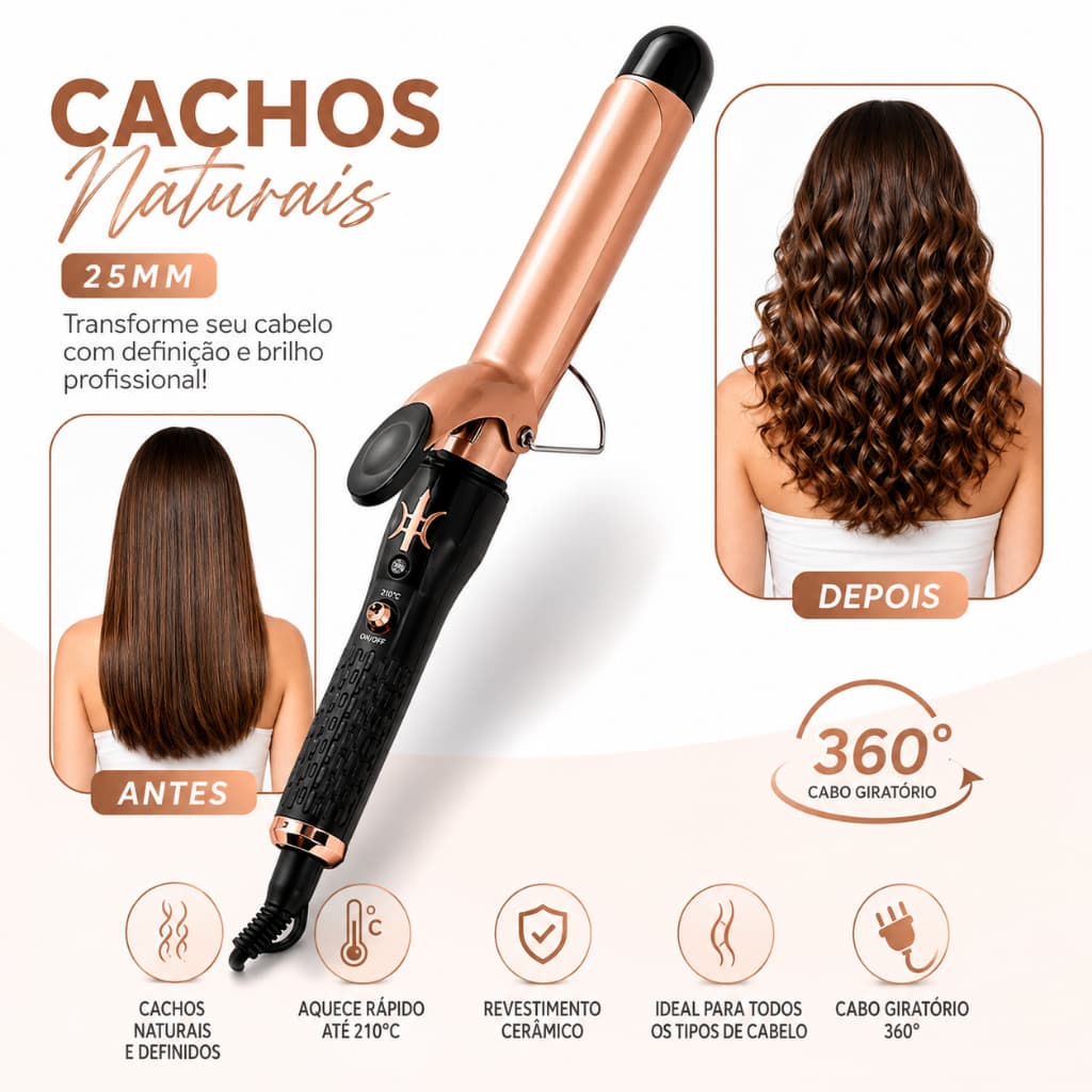 Modelador de Cachos Cerâmica Bivolt 127 220 Cachos Perfeitos Aquecimento Rápido
