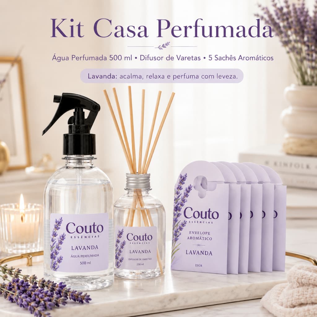 Kit Casa Aromática Aromatizador de Ambientes 250 ml Agua Aromática500 ml Saches Perfumados 15 Gramas