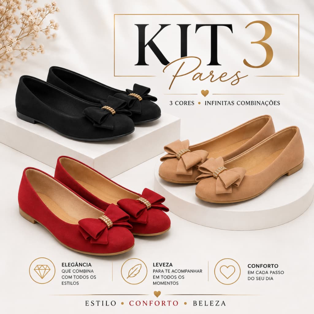 Kit 3 Pares, Sapatilha Strass Com Laço Feminina Bico redondo Nobuck Confortável Leve