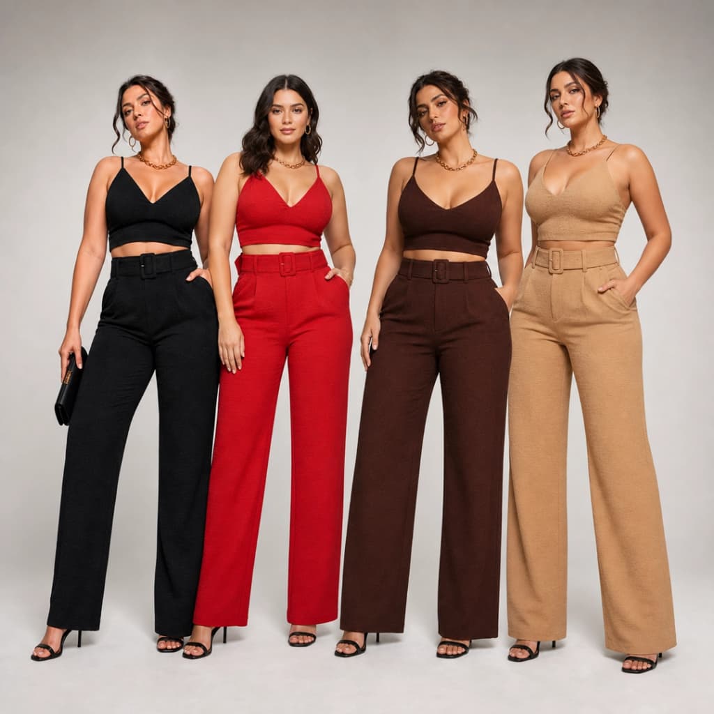 Conjunto Calça Pantalona + Cropped Duna Cintura Alta Cinto Leve Elegante