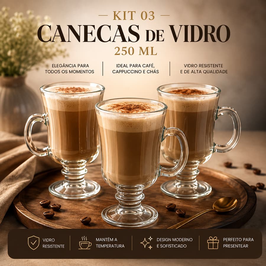 Kit 03 Caneca de Vidro Irish 230 ml Com Alça Café Cappuccino