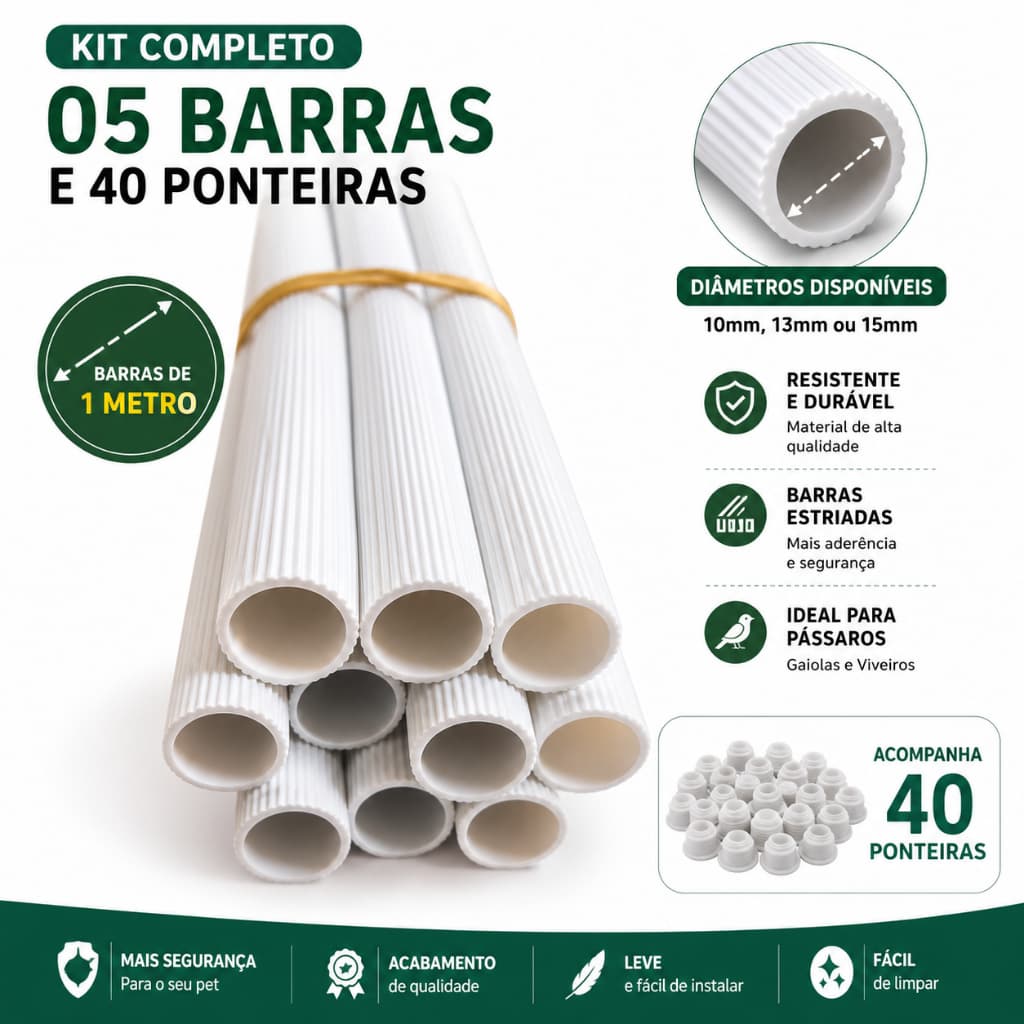 Poleiro Plástico | Kit com 5 Barras + 40 Ponteiras | Para Gaiolas de Pássaros