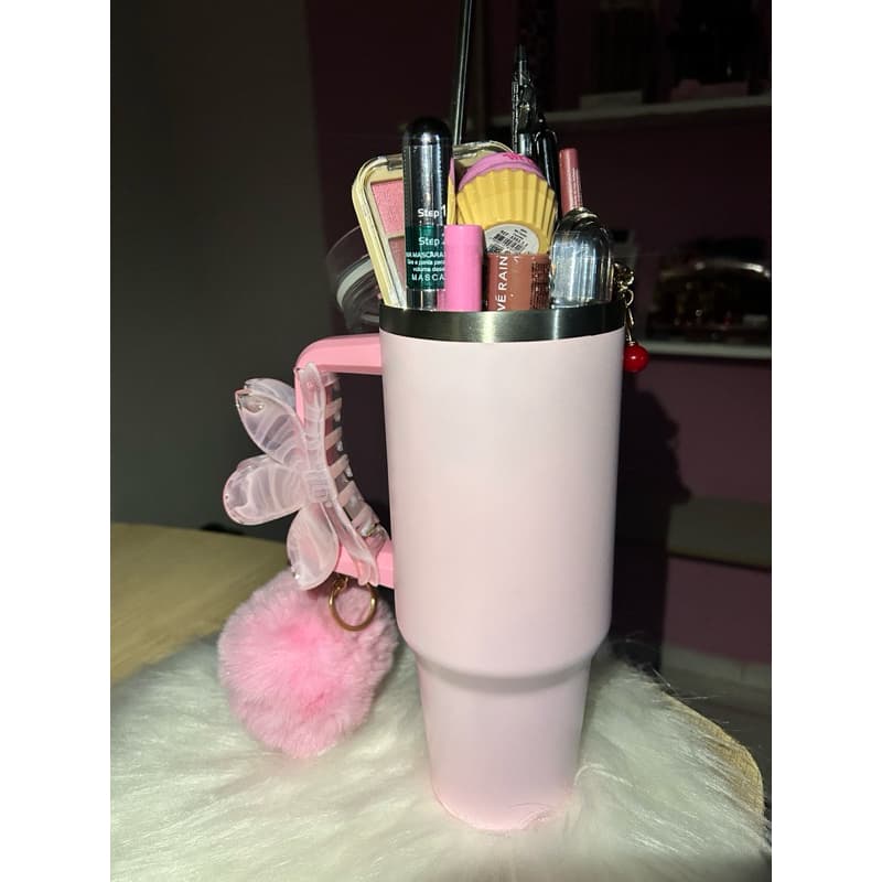 Copo Térmico 1,2L Rosa + 10 Maquiagens + Acessórios Kit Presente
