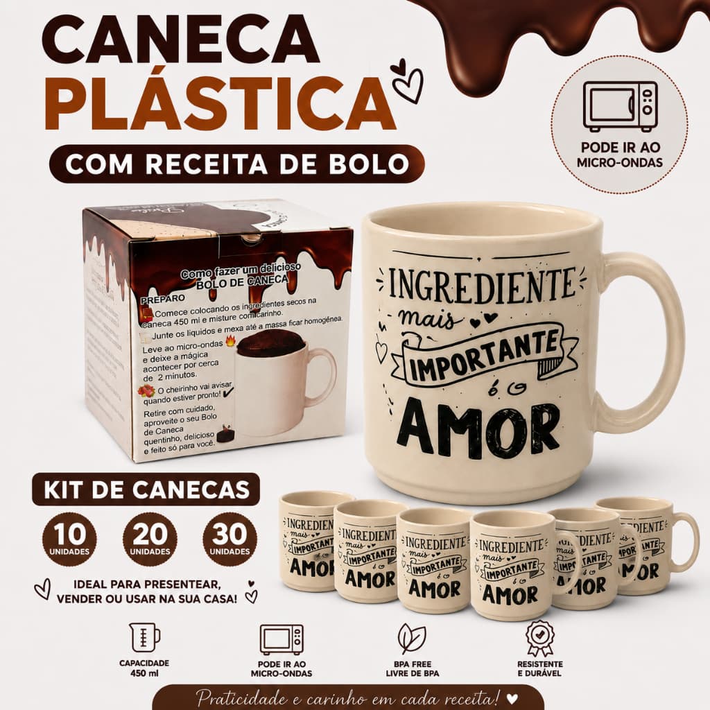 Kit Canecas Plásticas Bolo de Caneca 450ml Receita Chocolate Fácil Prático