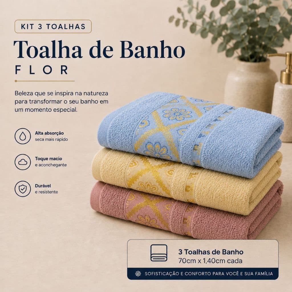 Kit 3 Toalha de Corpo Flor Grande Macia Alta Absorção Diário Banheiro Confortável Grossa Secagem