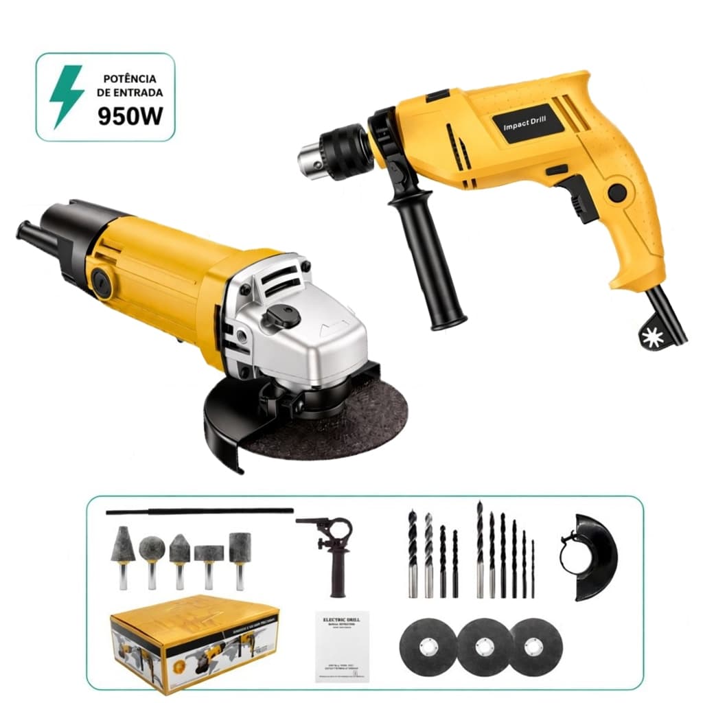 Kit Furadeira + Esmerilhadeira Profissional 950W Alta Rotação 11000RPM Motor de Cobre