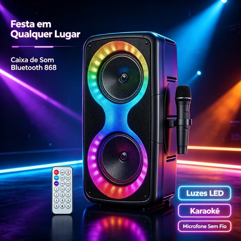 Caixa de Som Bluetooth Alto Potente Karaokê, Microfone Sem Fio, Luzes RGB, Suporta USB TF AUX para Festa