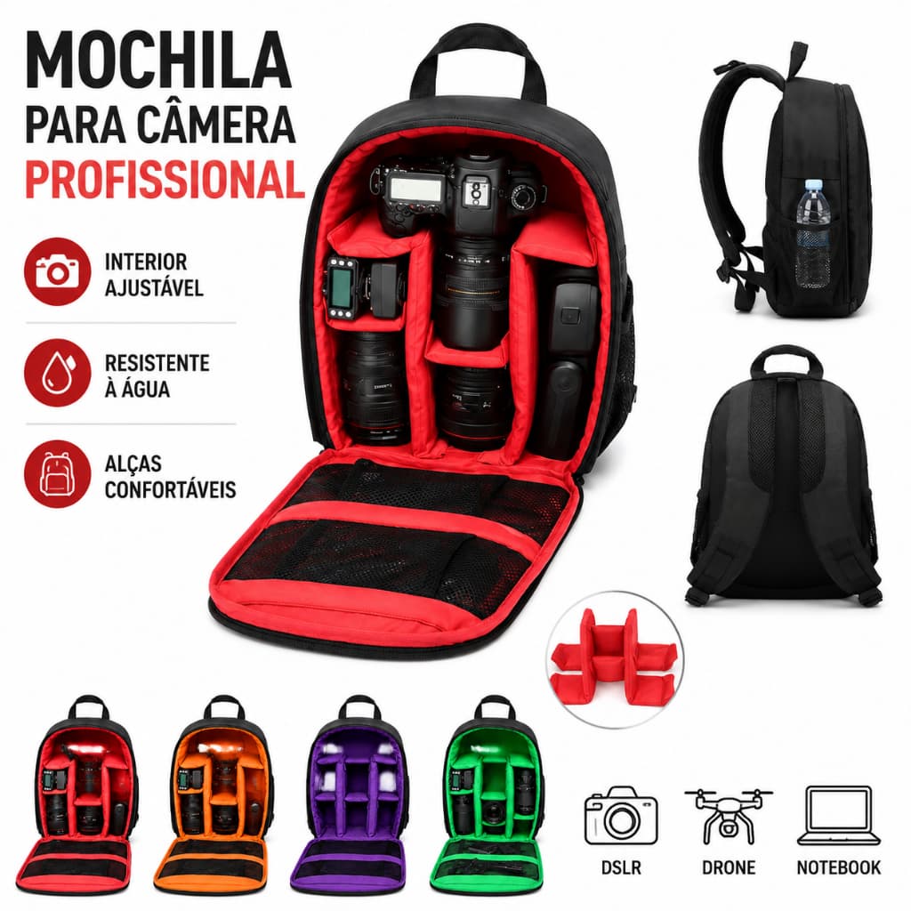 Mochila Fotográfica PulseOne Impermeável Grande Capacidade Antichoque Acolchoada para Viagem Trilha Uso Diário