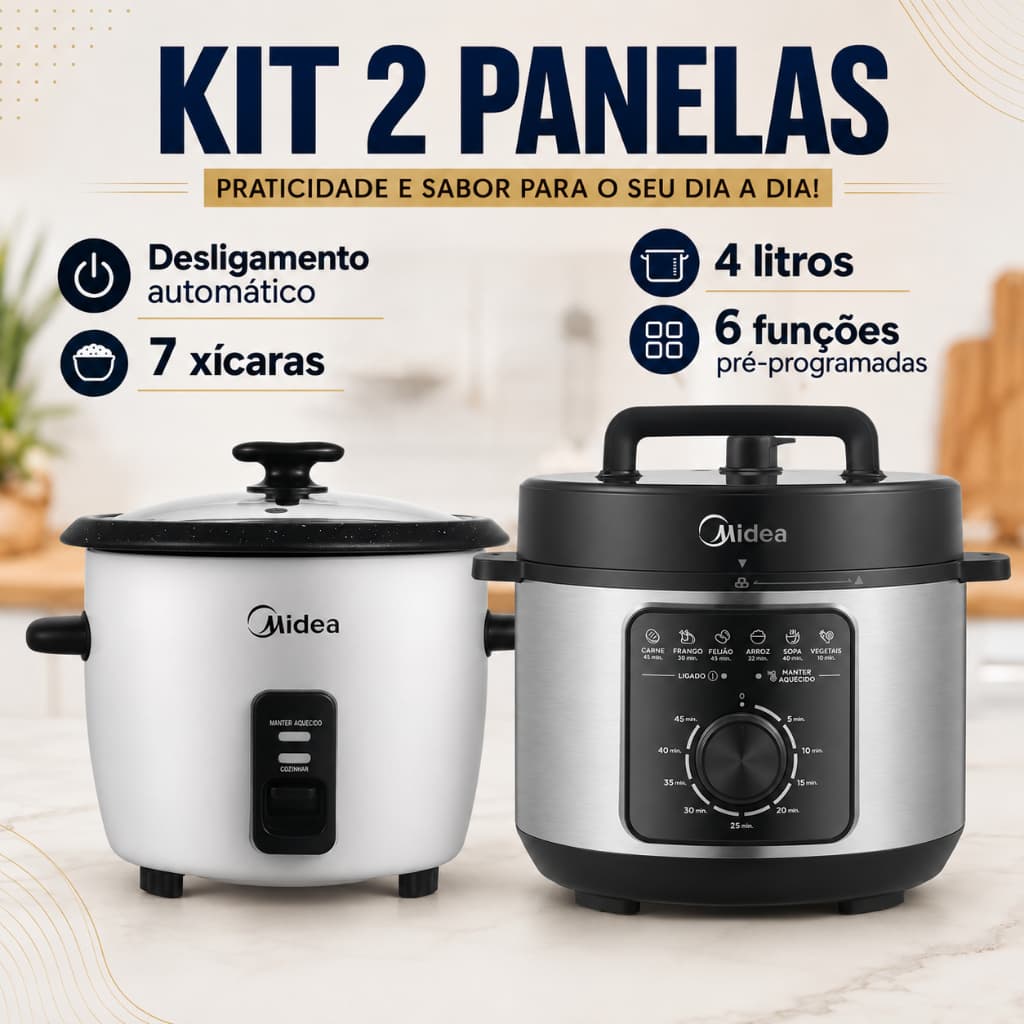 Kit Midea Panela de Pressão 4 Litros 220v Antiaderente + Panela de Arroz Elétrica 2,5L 7 Xícaras